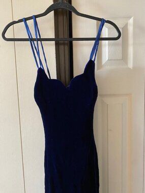 Vintage 80s Scalloped Neck Blue Velvet Slit Leg Midi Dress Puffed Sleeve Bolero